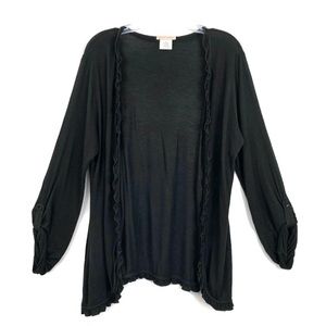 Sweet Romeo ruffled hem black open cardigan sweater with roll tab sleeves